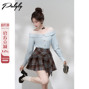 上衣 高级感宽松法式 Palglg设计感小众蓝色一字肩蕾丝衬衫 女早春季