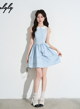 小香风娃娃领蓝色无袖连衣裙女夏季高级感富家千金风蓬蓬公主裙子