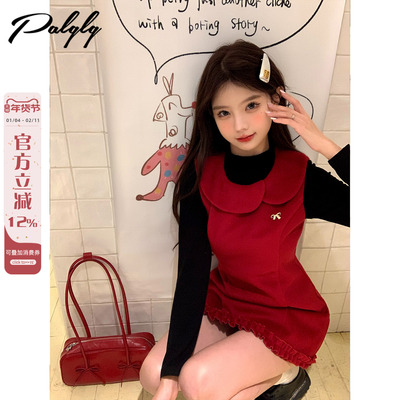 法式甜美红色背心连衣裙女冬季