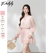 温柔收腰木耳边雪纺裙 粉色连衣裙女春季 Palglg法式 小香风v领长袖