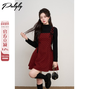 高级感法式红色波点背带连衣裙女秋冬收腰气质打底蓬蓬裙a字裙子