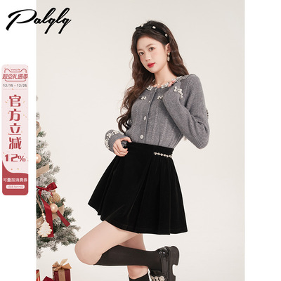 重工钉珠小香风红色开衫毛衣