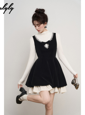法式富家千金风黑色丝绒背心连衣裙女秋冬高腰显瘦蓬蓬公主小礼裙