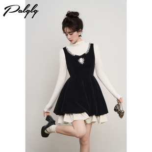 法式富家千金风黑色丝绒背心连衣裙女秋冬高腰显瘦蓬蓬公主小礼裙