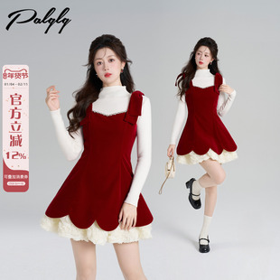 Palglg法式红色丝绒背带连衣裙女冬季重工钉珠收腰新年圣诞短裙子