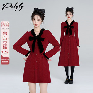 新年红色v领收腰连衣裙女冬季 蝴蝶结打底a字裙 小香风圣诞穿搭法式