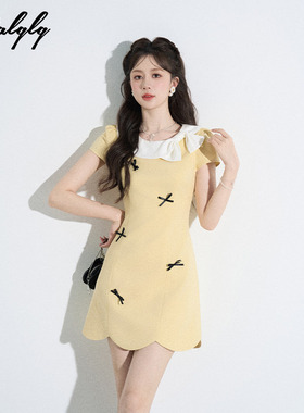 甜美气质蝴蝶结黄色连衣裙女夏季高级感法式小香风独特漂亮短裙子