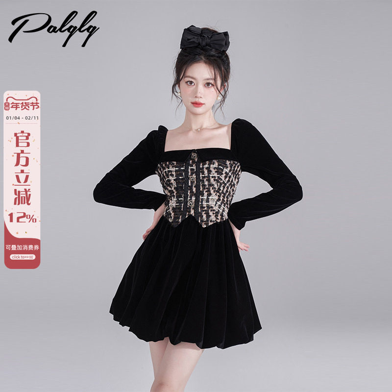 赫本风方领黑色丝绒连衣裙女加厚秋冬法式气质名媛高腰a字花苞裙,女装/女士精品,连衣裙,淘宝优惠券,粉丝福利购,淘宝优惠卷