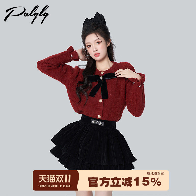 Palglg蝴蝶结法式圣诞红色开衫毛衣女短款冬季钉珠新年战袍针织衫