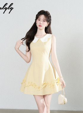 Palglg甜美娃娃领黄色无袖连衣裙女夏季小香风法式木耳边a字裙子
