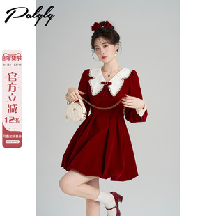 Palglg圣诞娃娃领红色丝绒连衣裙女冬季高级感小香风收腰花苞短裙