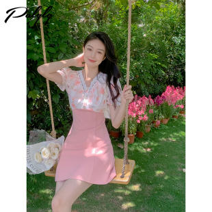 蕾丝V领雪纺连衣裙收腰拼接a字裙子女 泡泡袖 清仓价