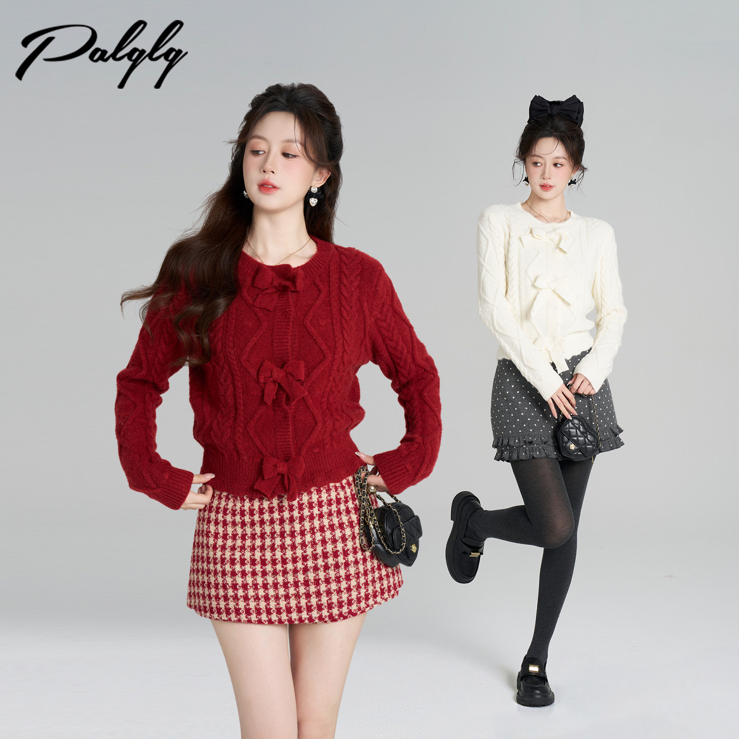 Palglg新年战袍红色麻花开衫毛衣女冬季高级感蝴蝶结短款针织上衣