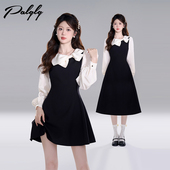富家千金风收腰a字裙 2026新款 法式 赫本风假两件黑色连衣裙女春装