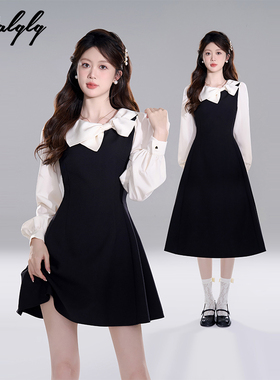 法式赫本风假两件黑色连衣裙女秋装2025新款富家千金风收腰a字裙
