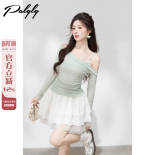 高级感褶皱显瘦修身 Palglg法式 新款 女春季 上衣 甜美绿色斜肩针织衫