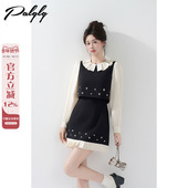 法式 赫本风圆领假两件黑色连衣裙女秋季 重工百褶a字显瘦小香风裙