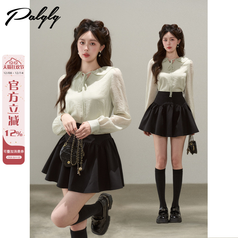 甜美娃娃领绿色长袖衬衫女秋季