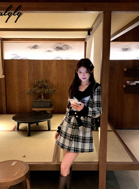 小香风黑白格子海军领毛呢外套女