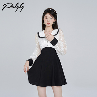 白色娃娃领蕾丝连衣裙女秋季 高级感气质拼接假两件a字裙 2023新款