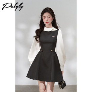Palglg法式小香风立领黑色长袖连衣裙女春季高级感赫本收腰小黑裙