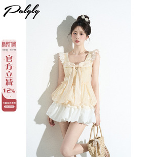 短款 女夏高级感气质独特绝美法式 花苞上衣 衬衫 甜美减龄黄色飞飞袖