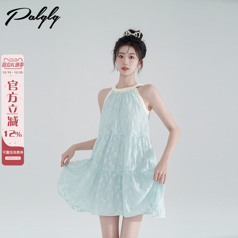 palglg绿色无袖挂脖连衣裙