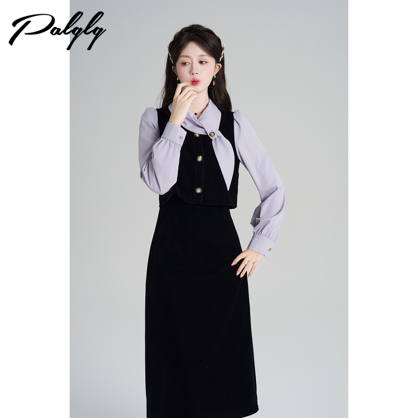 撞色设计感假两件丝绒连衣裙女冬