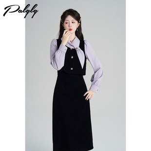 Palglg撞色设计感假两件丝绒连衣裙女冬季法式小香风显瘦穿搭长裙