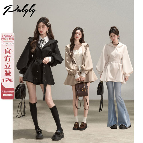 黑色连帽休闲宽松风衣外套女