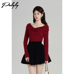 气质小香风千金套装 Palglg法式 一字肩红色针织半身裙两件套女冬季