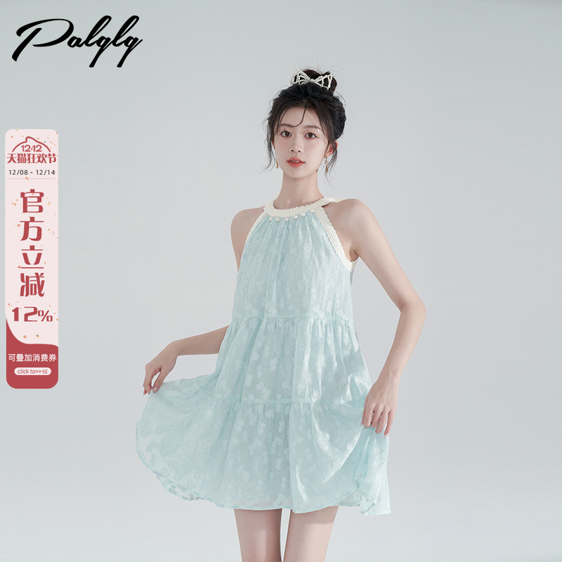 palglg绿色无袖挂脖连衣裙