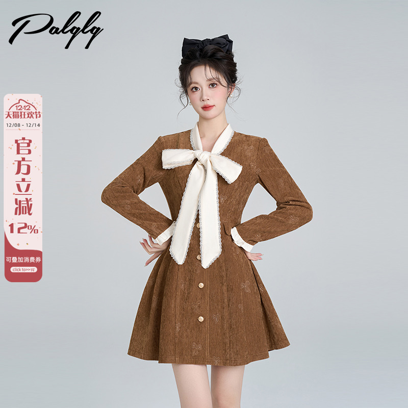 蝴蝶结法式加厚长袖连衣裙女