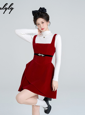 富家千金风红色吊带丝绒连衣裙女冬季高级感法式蓬蓬公主裙打底裙