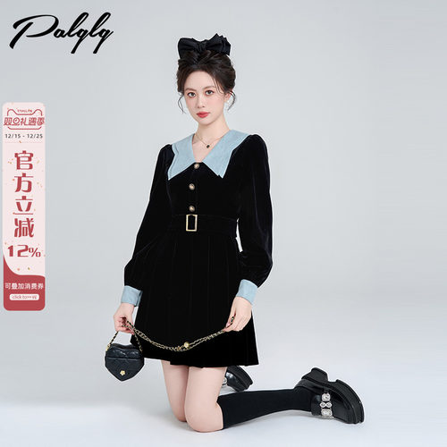 法式娃娃领黑色丝绒连衣裙女爆款