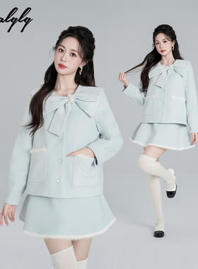 富家千金风蓝色短款毛呢外套女冬装高级感气质韩系小个子呢子上衣