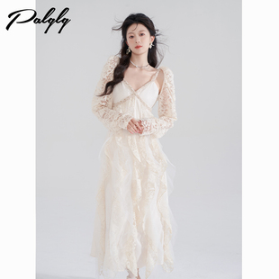 清仓价 荷叶边吊带连衣裙海边小众裙子蕾丝裙防晒衫