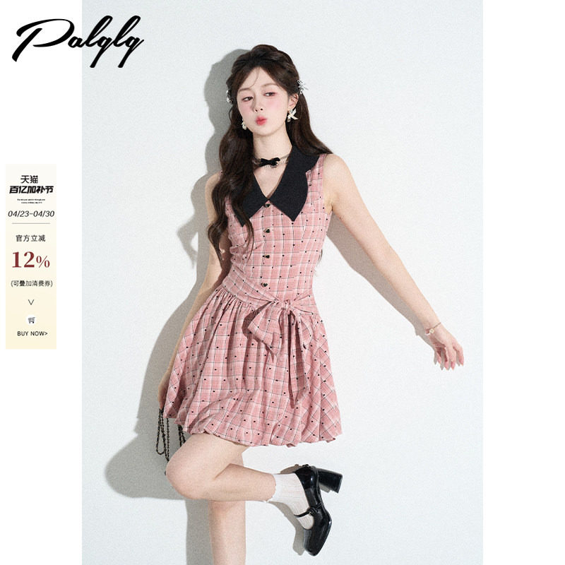 学院风娃娃领红色格子背心连衣裙女夏季高级感蝴蝶结无袖花苞裙子