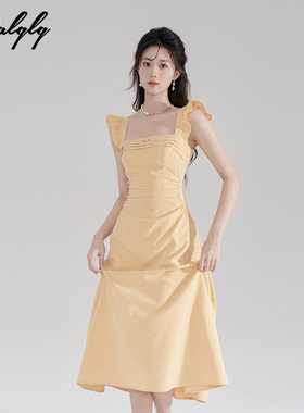 黄色飞飞袖方领收腰连衣裙女夏季气质高级感褶皱无袖吊带长款裙子