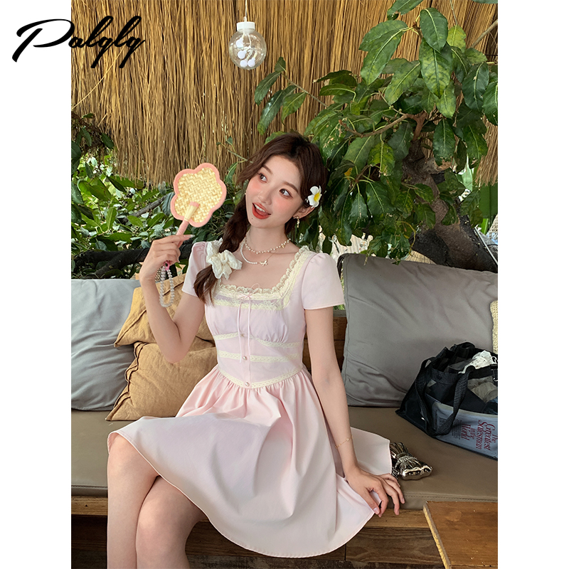 法式甜美蕾丝方领粉色连衣裙女