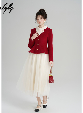 Palglg法式富家千金立领红色毛呢外套女冬小香风气质收腰短款大衣