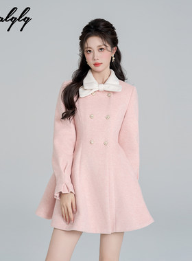 小香风粉色加厚毛呢外套女冬