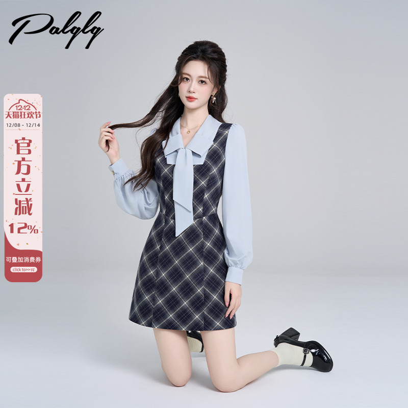 学院风蓝色格子长袖v领连衣裙女