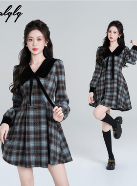 法式娃娃领蓝色格子绝美连衣裙女秋冬季学院风复古内搭收腰a字裙