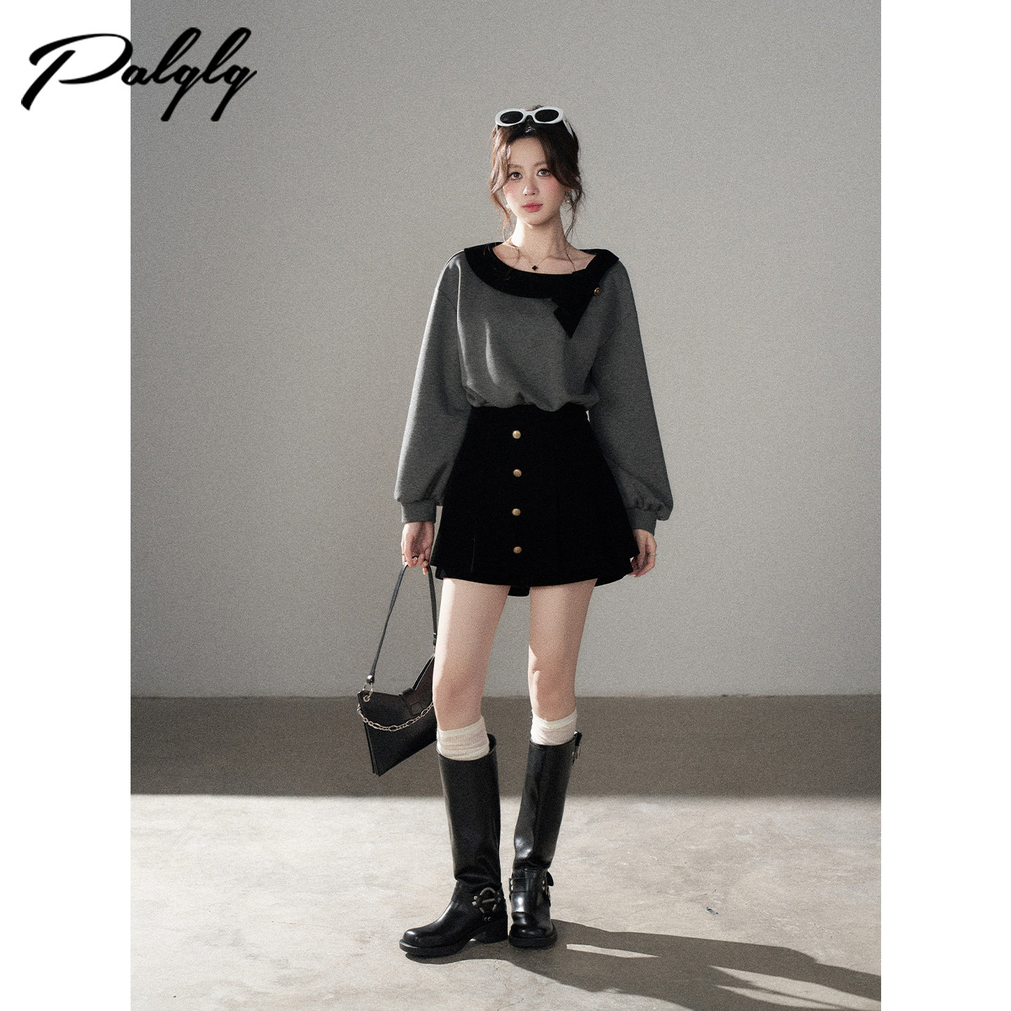 Palglg设计感圆领卫衣女灰色灯笼袖千金风通勤显瘦高级感套头上衣