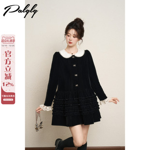 法式 赫本风黑色丝绒连衣裙女秋冬高级感木耳边气质甜美直筒娃娃裙