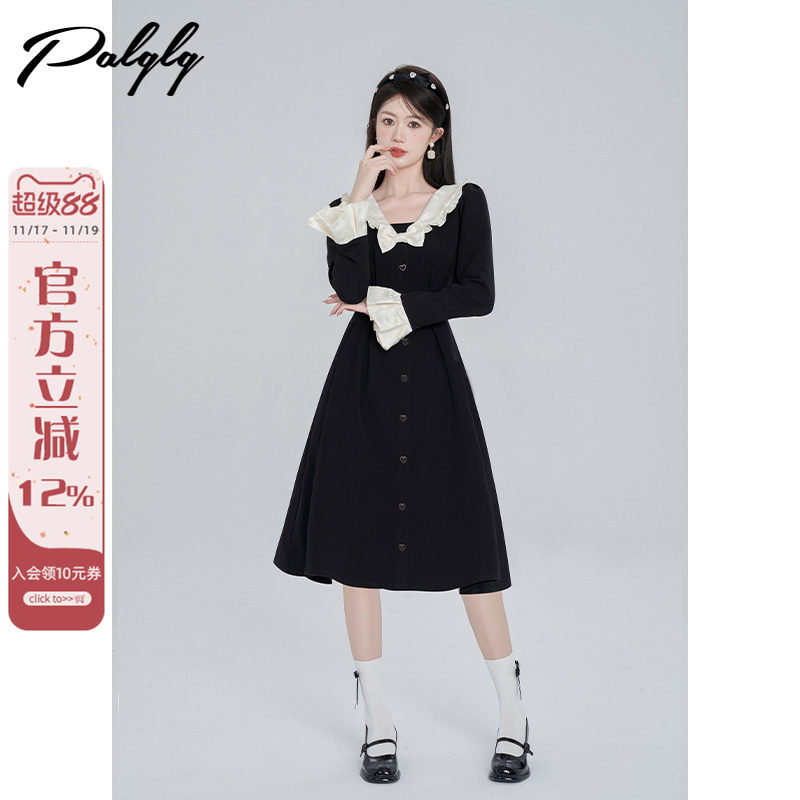 娃娃领甜美收腰黑色长袖连衣裙女秋季2025新款巨好看赫本风a字裙