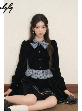 富家千金风黑色丝绒连衣裙女秋冬新款高级感法式甜美小香风a字裙