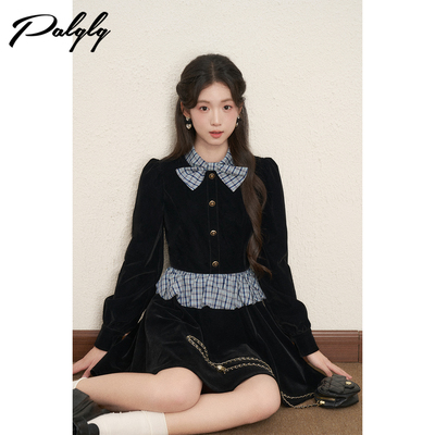 富家千金风黑色丝绒连衣裙女秋冬