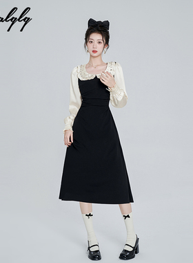 富贵千金娃娃领连衣裙女秋季2023新款重工镶钻收腰黑色长裙a字裙